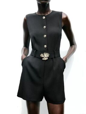 Zara Black Sleeveless Romper with Gold Button Detail